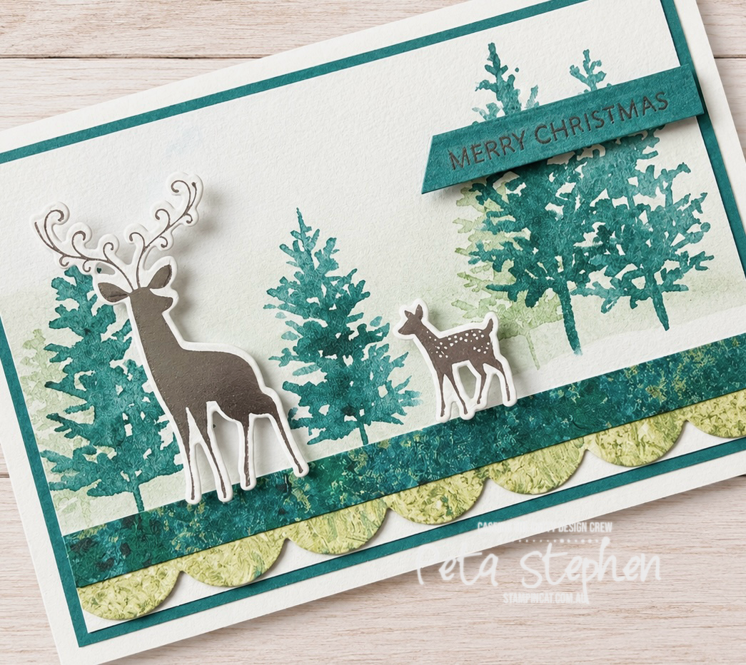 #ctc589 #stampin_cat #naturewalkdsp #whisperingwoodsdsp #gracefulevergreendeerhotfoildies #soireesalutations #stampinup